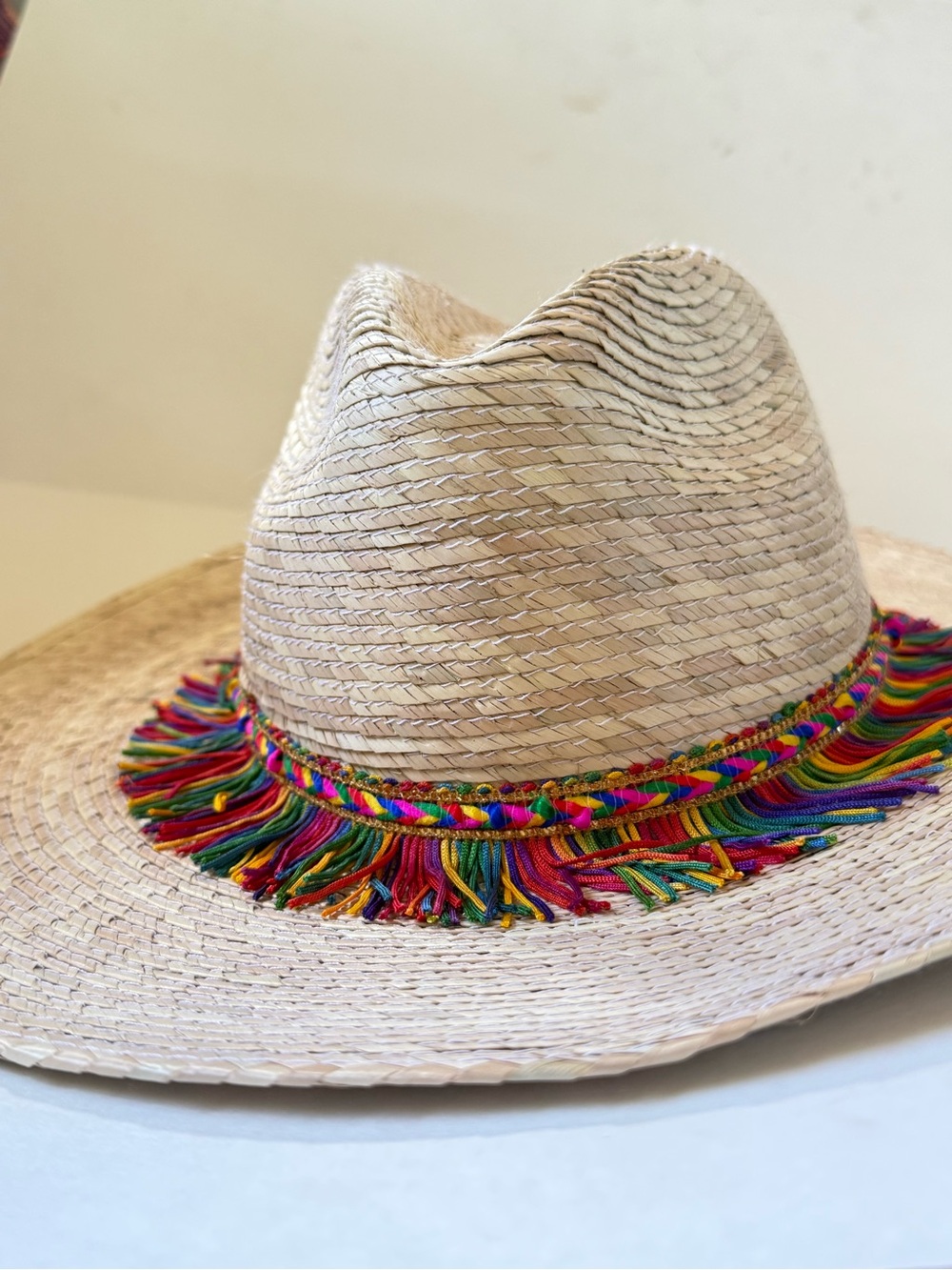 Natural Straw Fedora Hat with Multicolor Fringe Trim
